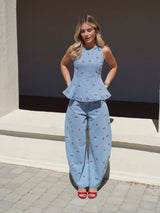 Cherry Blossom Denim Peplum Top & Wide-Leg Jeans Set