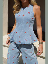 Cherry Blossom Denim Peplum Top & Wide-Leg Jeans Set