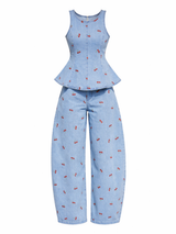 Cherry Blossom Denim Peplum Top & Wide-Leg Jeans Set