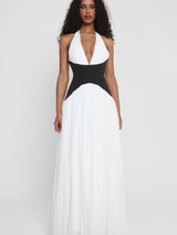 Model wearing Harlowe Contrast Corset Maxi Dress in White, front view.