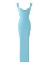 The MORANA DRESS - SKY BLUE by TIGERMIST is a sleeveless, floor-length maxi with a draped cowl neck, fitted silhouette, and chic low back in an elegant sky blue shade.