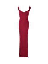 The ZITA DRESS - RED : SALSA : DEEP RED by TIGERMIST is a sleeveless, floor-length bodycon maxi with a draped neckline, shown elegantly on a white background.