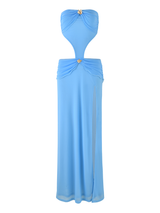 The TIGERMIST KYNLEE DRESS in sky blue is a strapless cut-out dress featuring a fitted silhouette, high thigh slit, and floral gold metal hardware at the bust and waist, with layered draping around the neckline for added elegance.