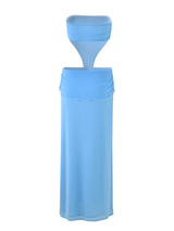 The KYNLEE DRESS - BLUE by TIGERMIST is a strapless two-piece set in sky blue, featuring a bandeau top and high-waisted sheer skirt. It boasts a smooth, flowy texture, relaxed fit, and gold floral metal accents.