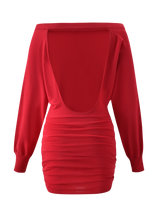The JANINE MINI DRESS in red by TIGERMIST features an off-shoulder design, long sleeves, a low scoop back, and a ruched waist, shown against a plain white background.
