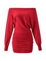The TIGERMIST JANINE MINI DRESS - RED is a bright red off-shoulder mini featuring a ribbed neckline, fitted waist, and ruched skirt detailing, shown against a plain white background.