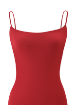 A close-up of the TIGERMIST MINERVA MINI DRESS - RED, a sleeveless bodycon dress with thin, adjustable spaghetti straps, shown against a white background.