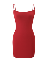 The TIGERMIST MINERVA MINI DRESS - RED, a sleeveless, form-fitting bodycon mini dress with adjustable spaghetti straps, is shown against a plain white background.
