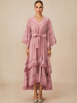 Elara | Pink Floral Lace Layered Midi Dress