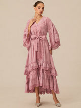 Elara | Pink Floral Lace Layered Midi Dress