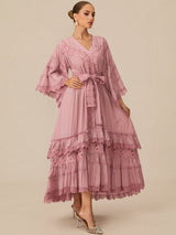 Elara | Pink Floral Lace Layered Midi Dress