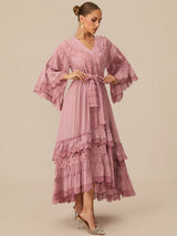 Elara | Pink Floral Lace Layered Midi Dress