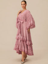 Elara | Pink Floral Lace Layered Midi Dress