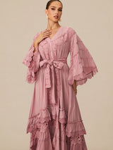 Elara | Pink Floral Lace Layered Midi Dress