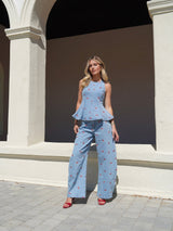 Cherry Blossom Denim Peplum Top & Wide-Leg Jeans Set