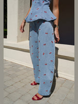 Cherry Blossom Denim Peplum Top & Wide-Leg Jeans Set