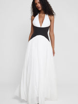 Model wearing Harlowe Contrast Corset Maxi Dress in White, front view.