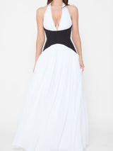 Model wearing Harlowe Contrast Corset Maxi Dress in White, front view.