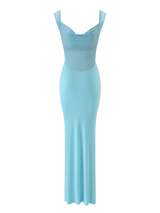 The MORANA DRESS in sky blue by TIGERMIST features a fitted waist, draped cowl neck, low back, and sheer mesh upper bodice, shown against a plain white background.