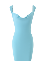 The TIGERMIST MORANA DRESS in sky blue is a sleeveless, bodycon maxi with thin straps and a draped scoop cowl neck, shown against a white background.