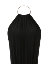 The EVANNA MINI DRESS - BLACK by TIGERMIST features a gathered neckline, thin metallic circular collar straps, and an open back, shown against a plain white background.