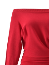A close-up of the TIGERMIST JANINE MINI DRESS - RED highlights its off-shoulder design, ribbed neckline detail, and draped ruching at one side of the waist.